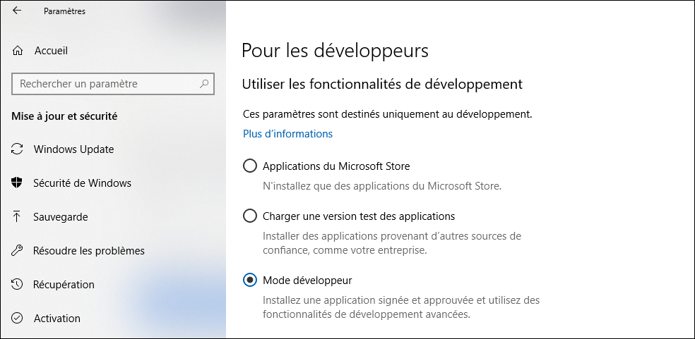 Paramètres Windows 10 - Mode développeur